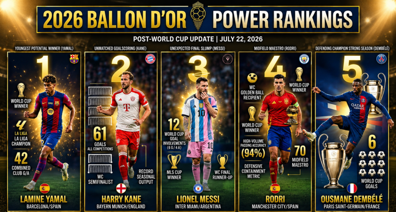 The 2026 Ballon d'Or power rankings have completely shifted on July 22 following Spain’s World Cup victory, pushing Lamine Yamal and Rodri into the top tier and Messi top-three candidate.