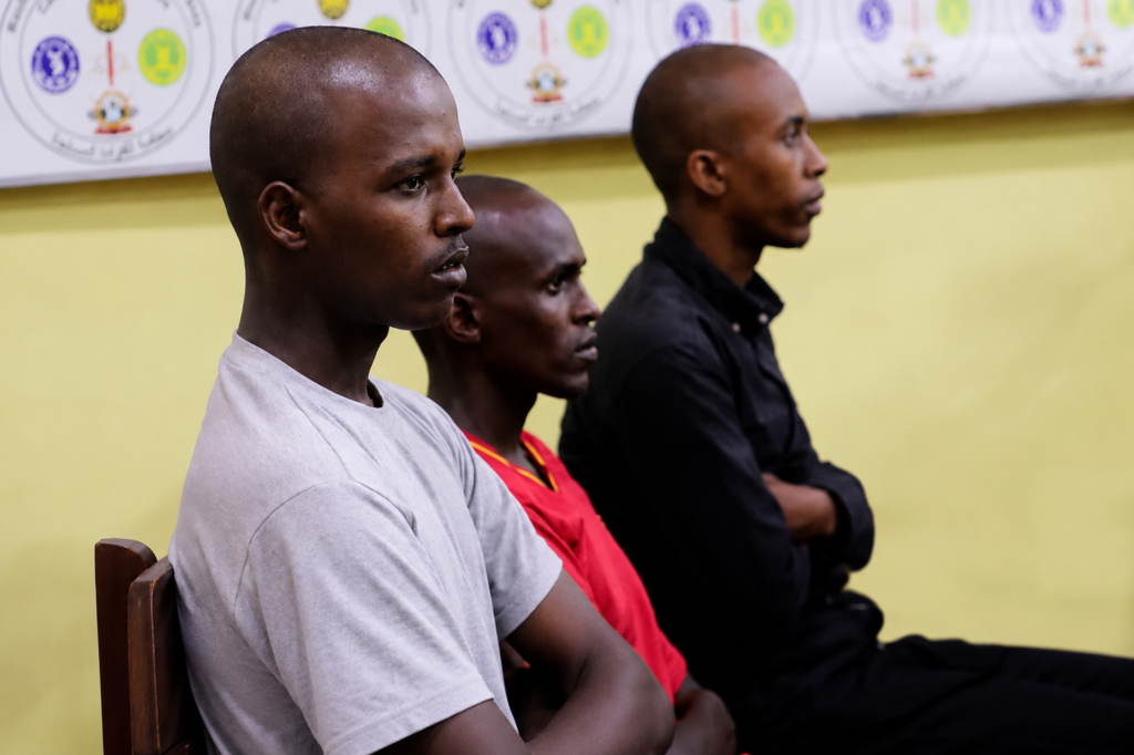 Suspects Abshir Ali Mohamed, Yoonis Abdullahi Muhudin, and Mohamed Amin Mukhtar at their military court trial.