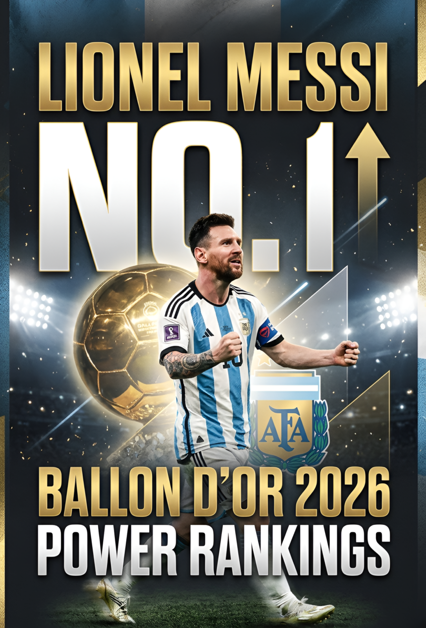 Ballon d'Or 2026 Power Rankings graphic with Lionel Messi leading after the FIFA World Cup semifinals.