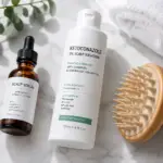A flat-lay photograph of medically backed scalp health treatments, featuring amber glass dropper bottles, an organic wooden comb, and premium clean-label shampoo bottles containing zinc pyrithione and ketoconazole, arranged on a clean, white marble countertop with a soft green leaf accent.