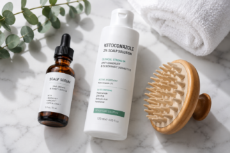 A flat-lay photograph of medically backed scalp health treatments, featuring amber glass dropper bottles, an organic wooden comb, and premium clean-label shampoo bottles containing zinc pyrithione and ketoconazole, arranged on a clean, white marble countertop with a soft green leaf accent.