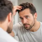 A close-up, professionally lit photograph of a man examining his hair in a modern bathroom mirror, focusing on the crown and hairline. What Causes Hair Loss in Men