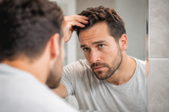 A close-up, professionally lit photograph of a man examining his hair in a modern bathroom mirror, focusing on the crown and hairline. What Causes Hair Loss in Men