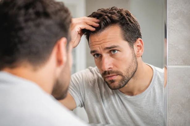 A close-up, professionally lit photograph of a man examining his hair in a modern bathroom mirror, focusing on the crown and hairline. What Causes Hair Loss in Men