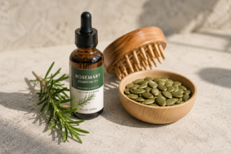 How to stop hair loss naturally with evidence-based natural remedies including rosemary essential oil, pumpkin seeds, and a wooden scalp massage comb.