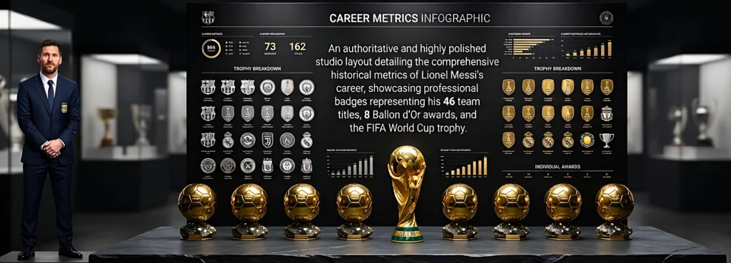 An authoritative and highly polished studio layout answering 'Is Lionel Messi the GOAT?' It details the comprehensive historical metrics of his career, showcasing professional badges representing his 46 team titles, 8 Ballon d'Or awards, and the FIFA World Cup trophy.