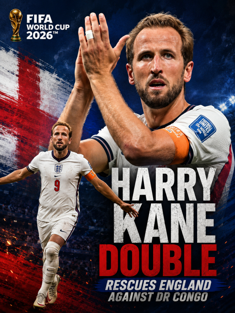 England advanced to the round of 16 after captain Harry Kane scored two late goals to secure a 2-1 comeback victory over DR Congo at the 2026 FIFA World Cup.
