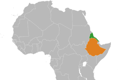 Map of Africa's Horn region highlighting Eritrea in green and Ethiopia in orange