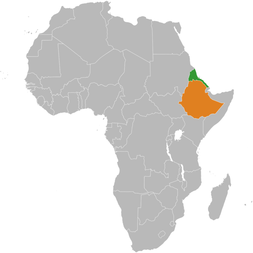 Map of Africa's Horn region highlighting Eritrea in green and Ethiopia in orange